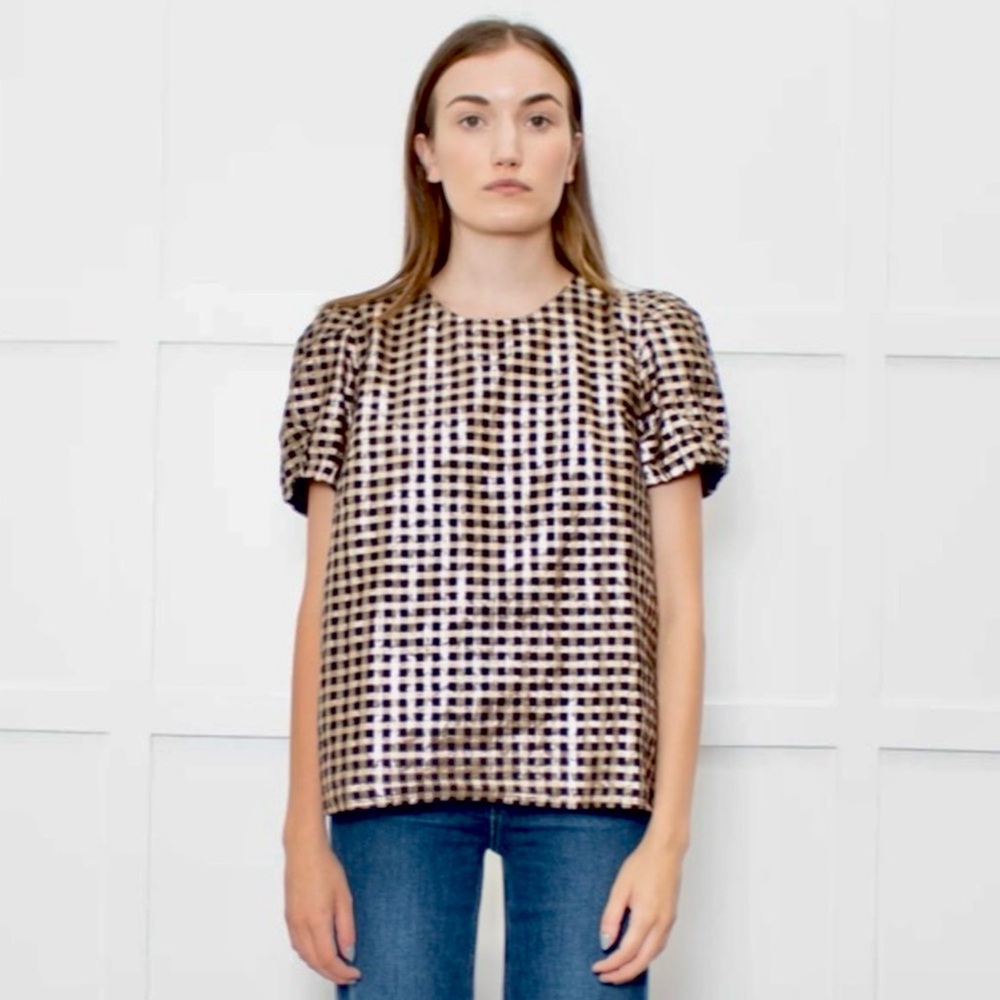 J. Crew Lurex Metallic Gold & Black Plaid Puff Sleeve Top, Size Medium, NWT - Picture 4 of 16
